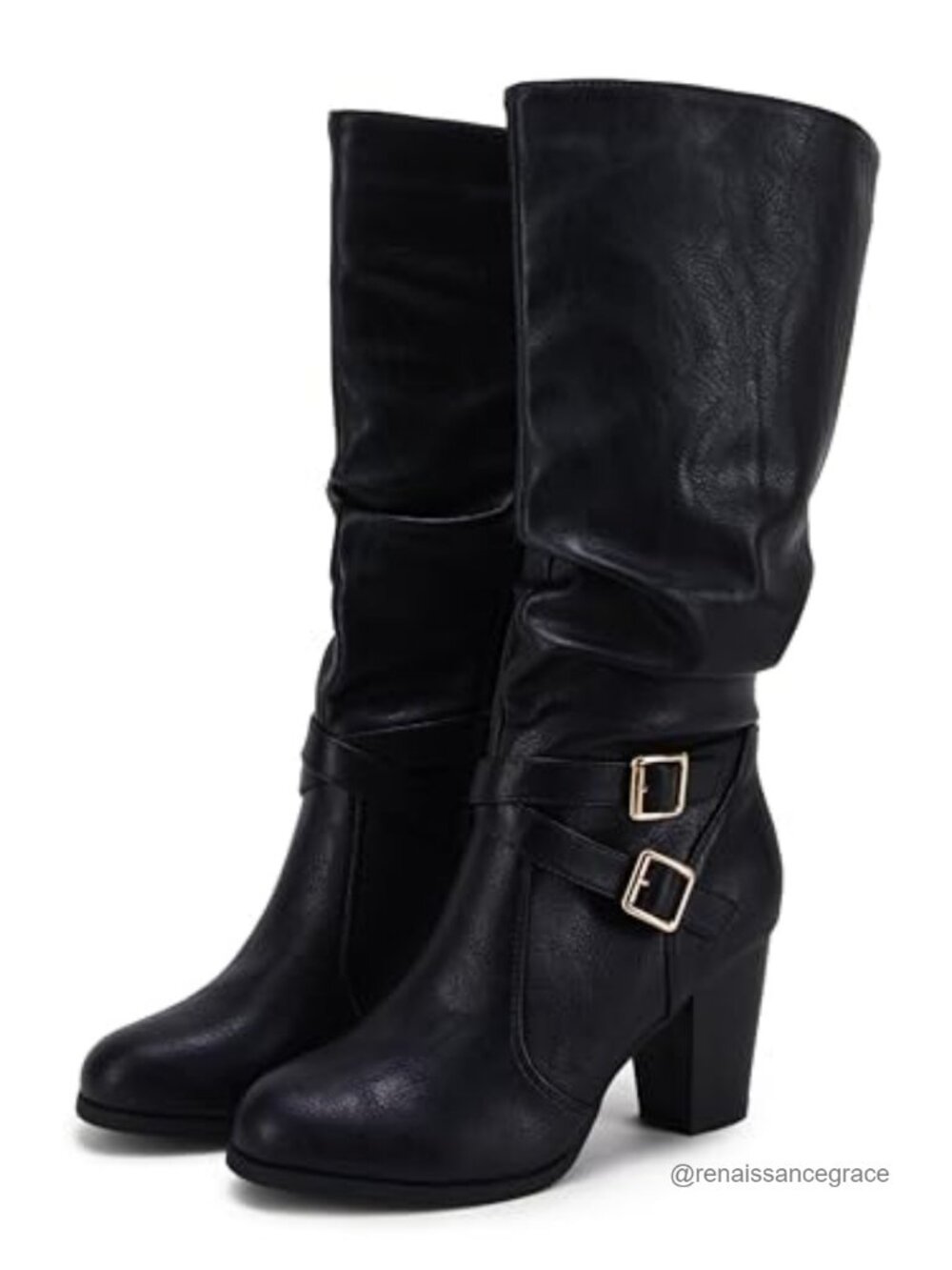 Womens Mid Calf Boots Chunky Heel Faux Leather Slouchy Metal Buckle Side Zipper